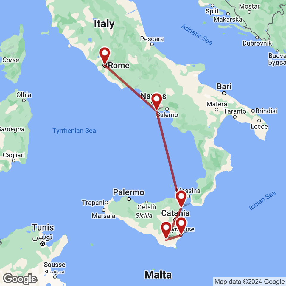 Route for Rome, Sorrento, Taormina, Ragusa, Siracusa tour